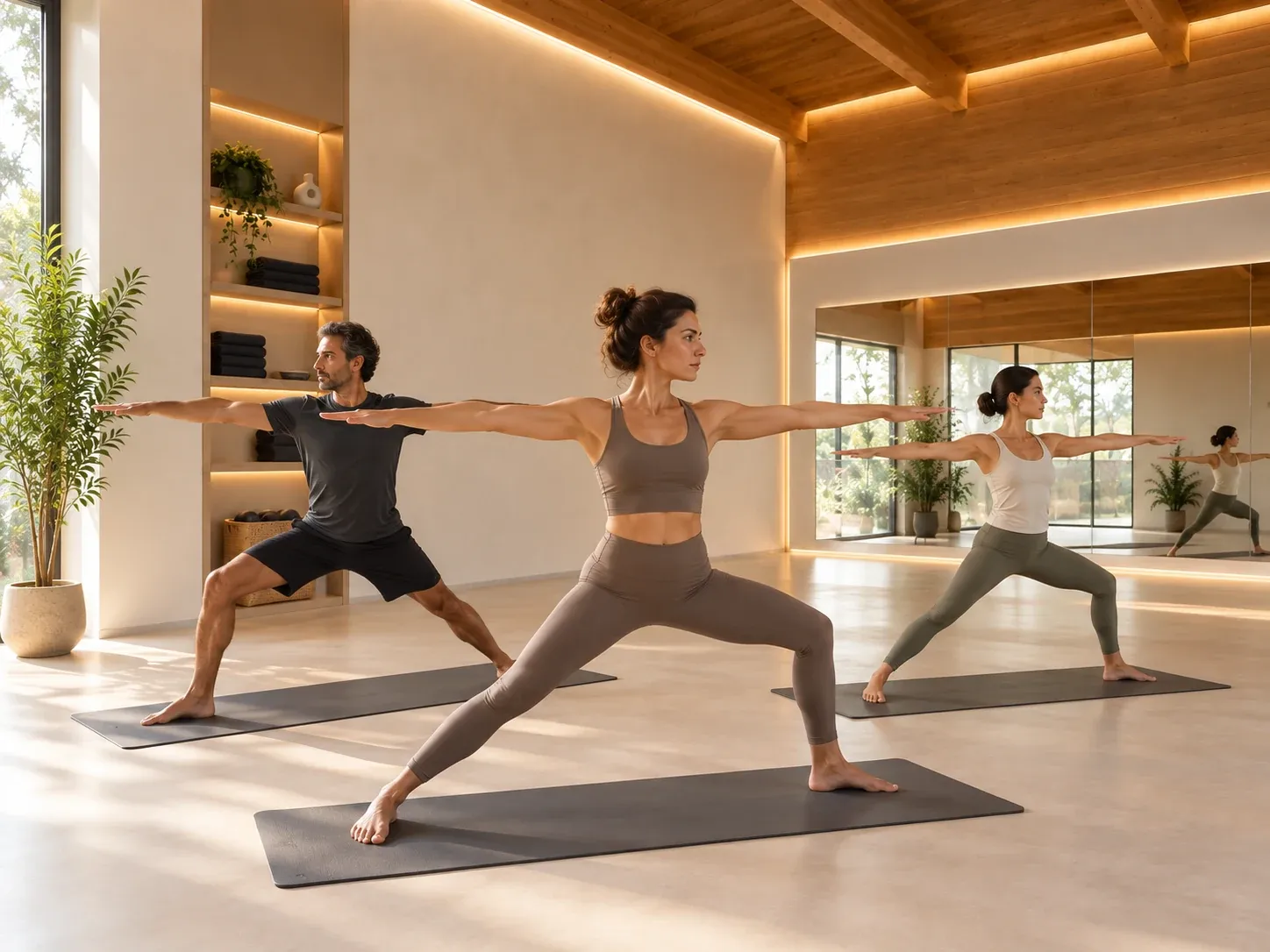 Tre persone praticano Yoga in uno studio luminoso