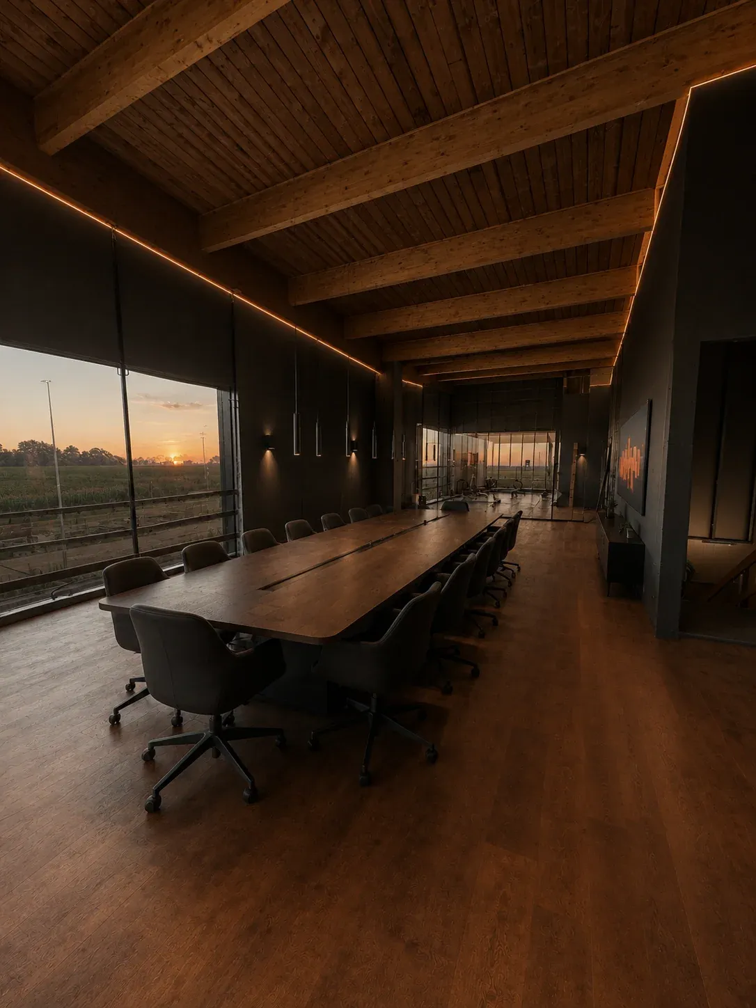 Sala riunioni IQONIC con tavolo e vista sul tramonto per eventi aziendali