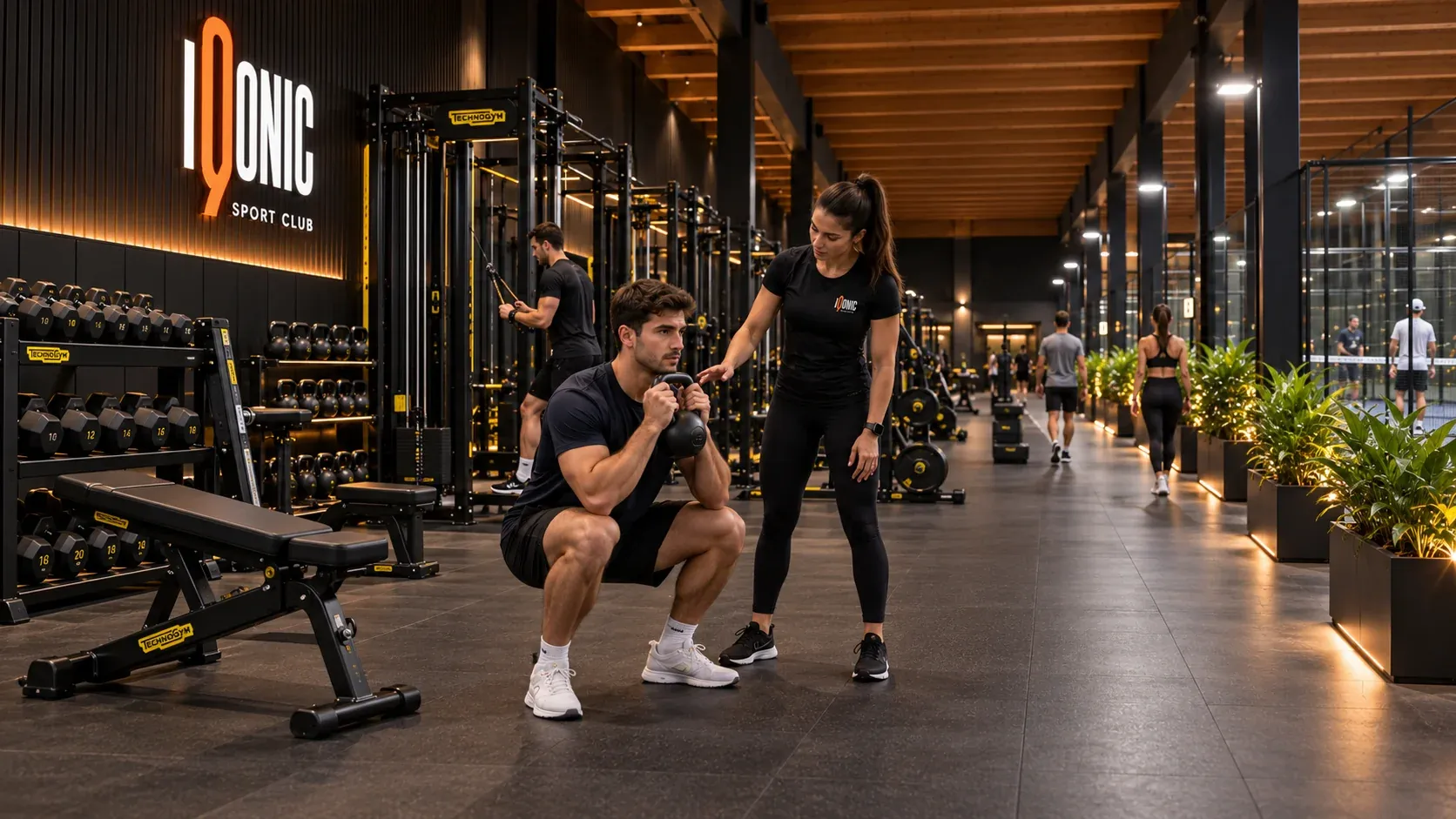 Atleta che esegue uno squat con kettlebell nella Gym IQONIC