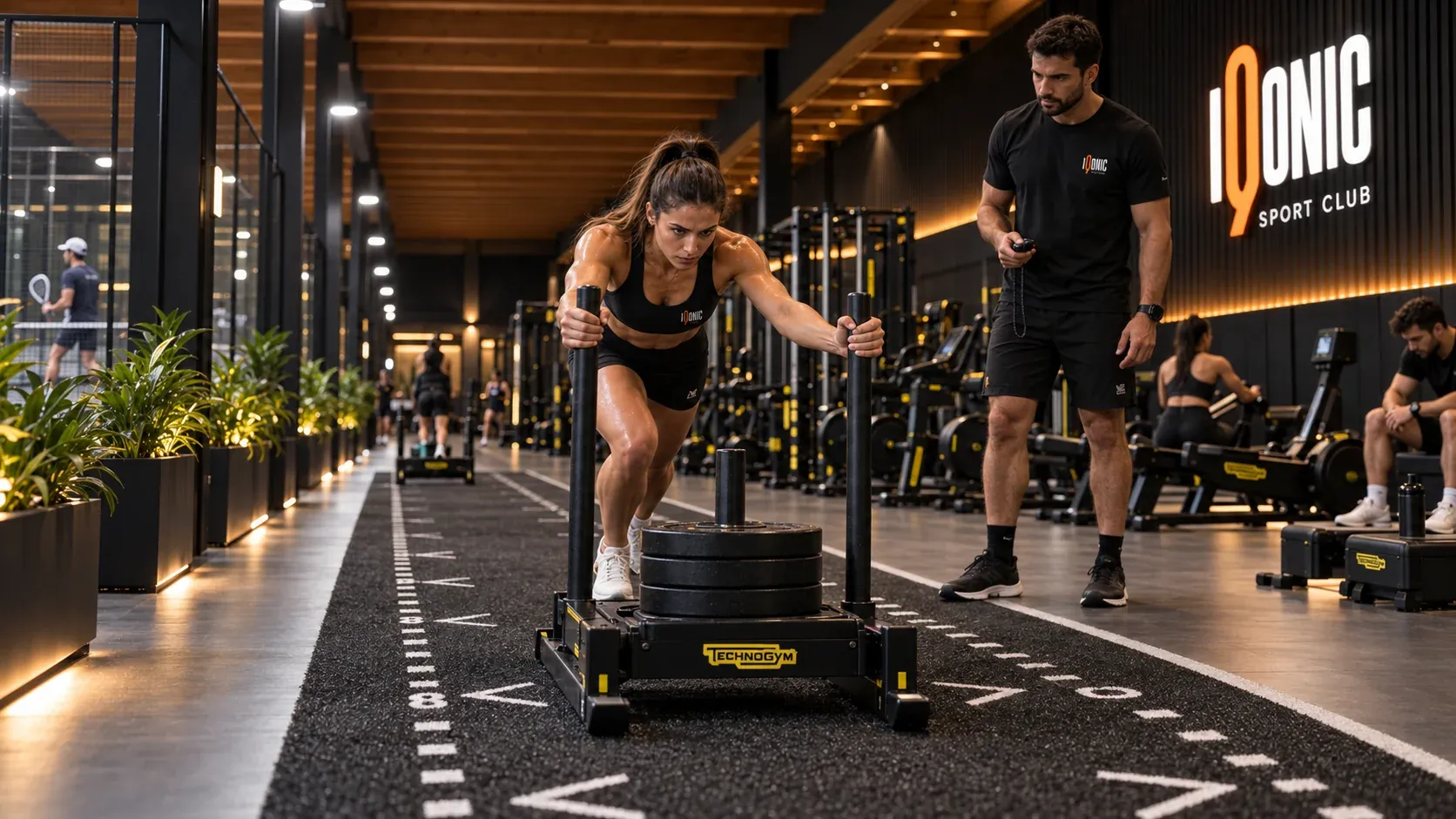 Atleta che spinge una slitta durante un allenamento HYROX