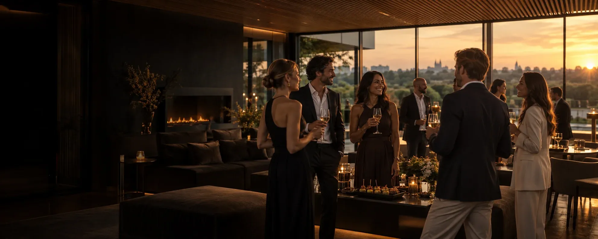 Ospiti riuniti per un evento conviviale nella lounge al tramonto