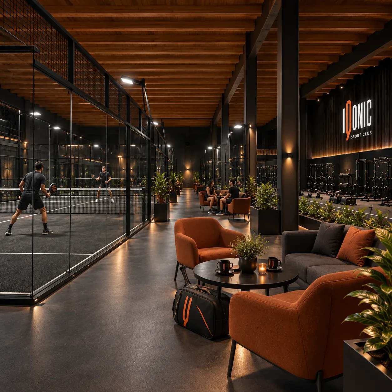 Interno di IQONIC con copertura in legno, campi da padel vetrati e salotto della lounge