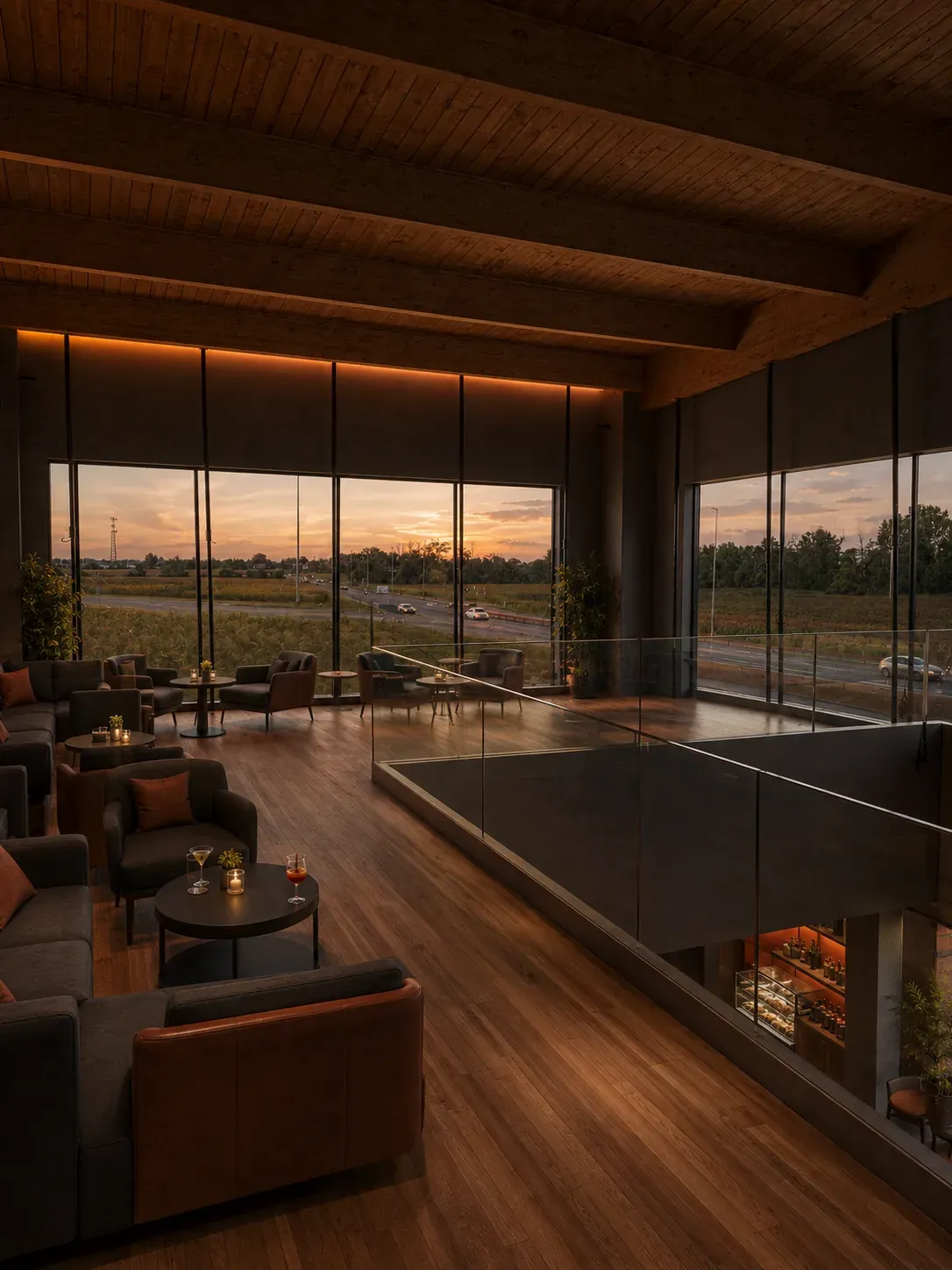 Lounge al piano superiore con divani e vetrate sul tramonto, affacciata sul bar sottostante