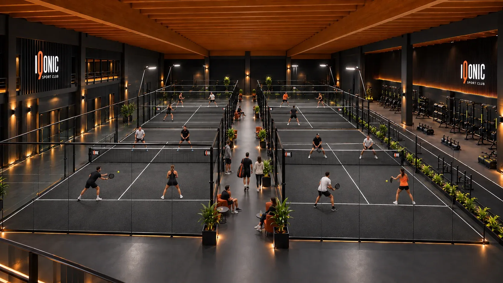 Giocatori sui quattro campi da padel indoor IQONIC