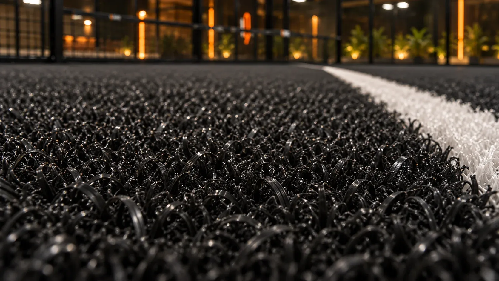 Dettaglio ravvicinato del manto nero di un campo da padel IQONIC