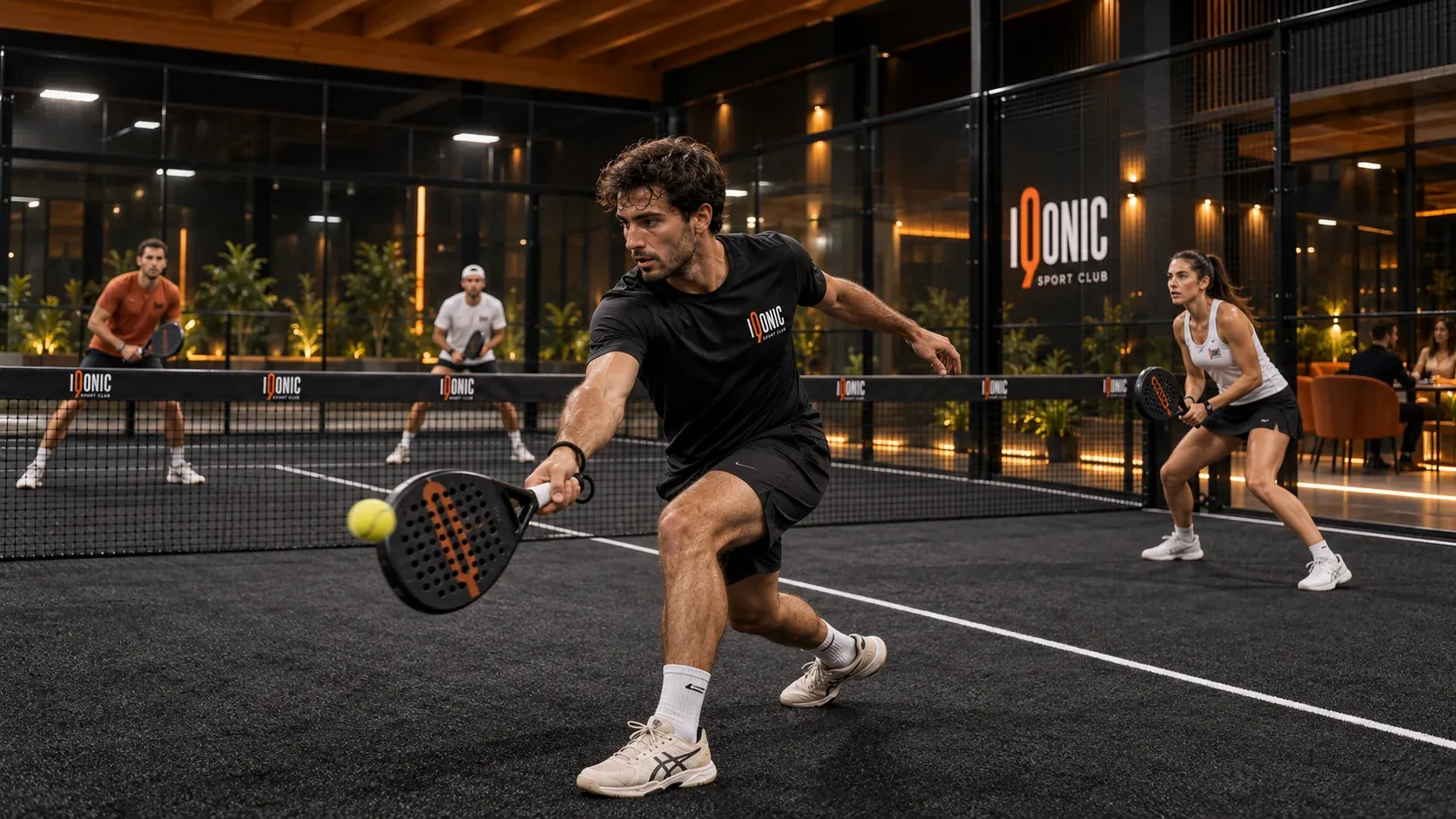 Giocatore che colpisce la palla durante una partita di padel