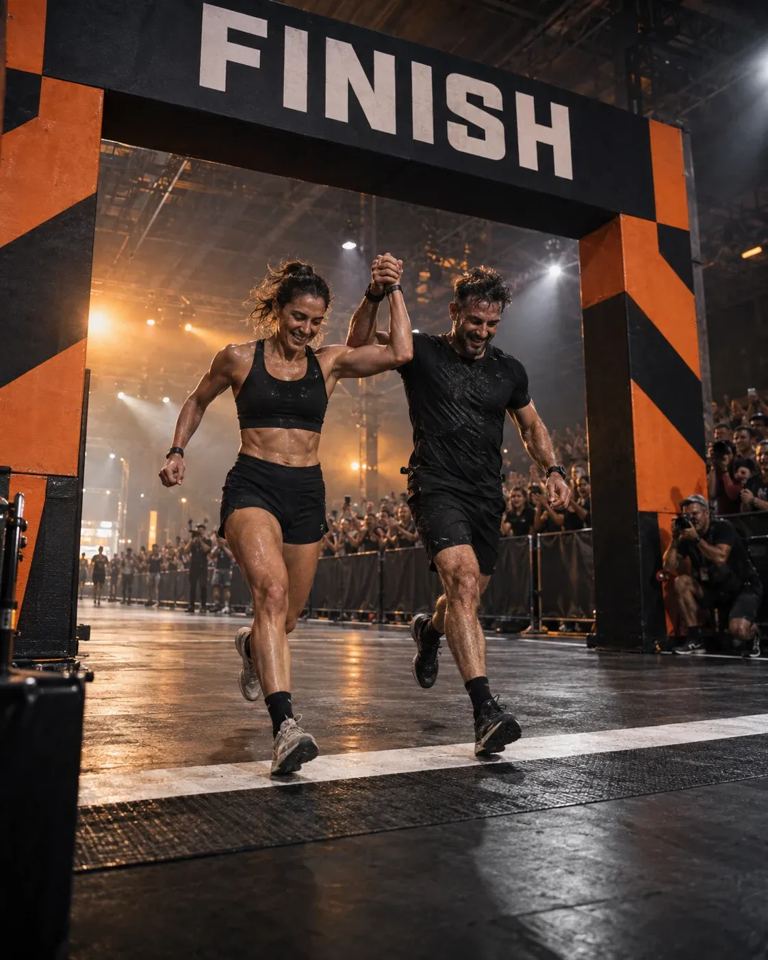 Un uomo e una donna tagliano insieme il traguardo sotto l'arco FINISH di una gara indoor di fitness